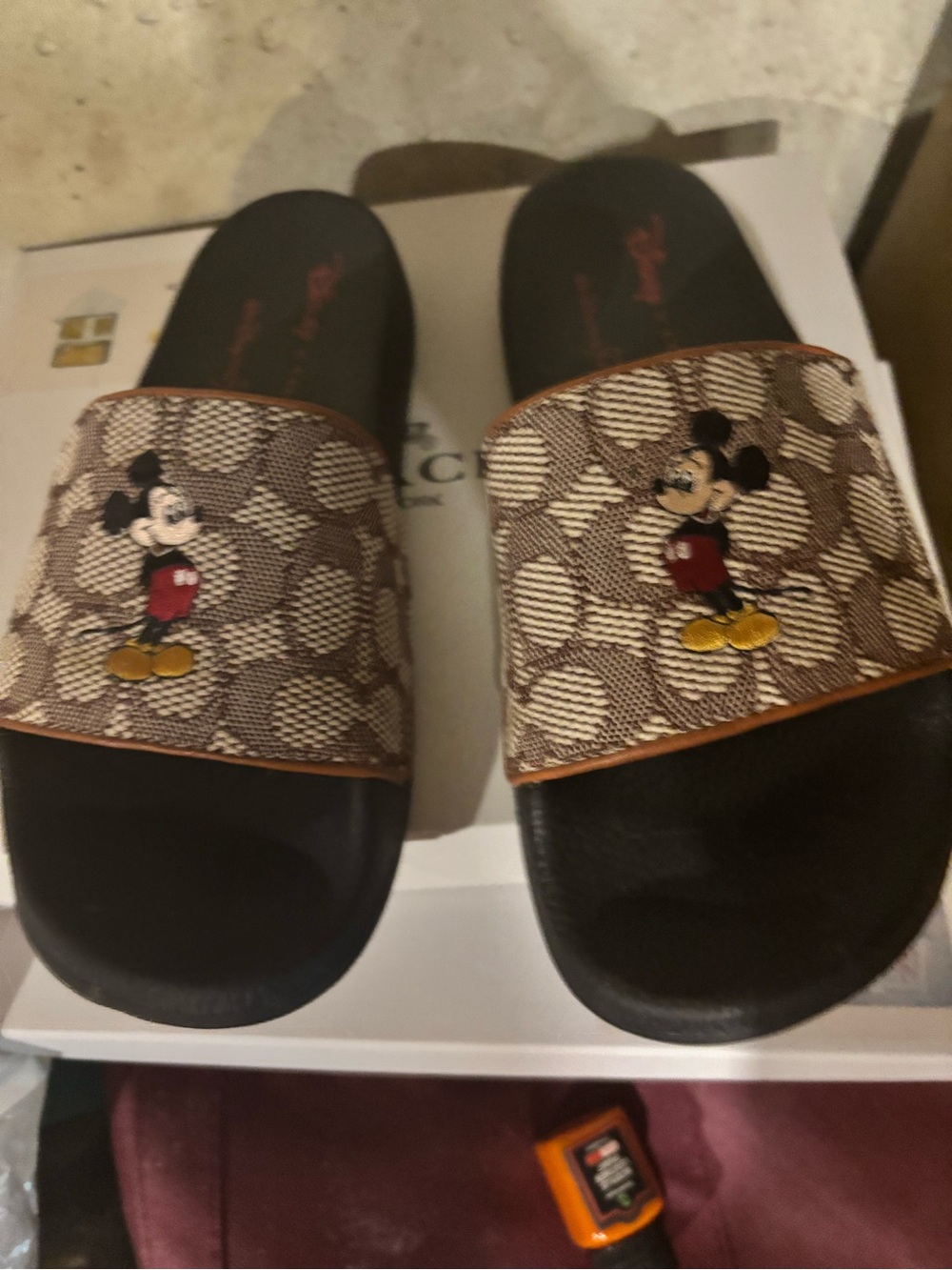 Coach Brown Signature Canvas Mickey Mouse Slide Sandals very lightly used size 9
